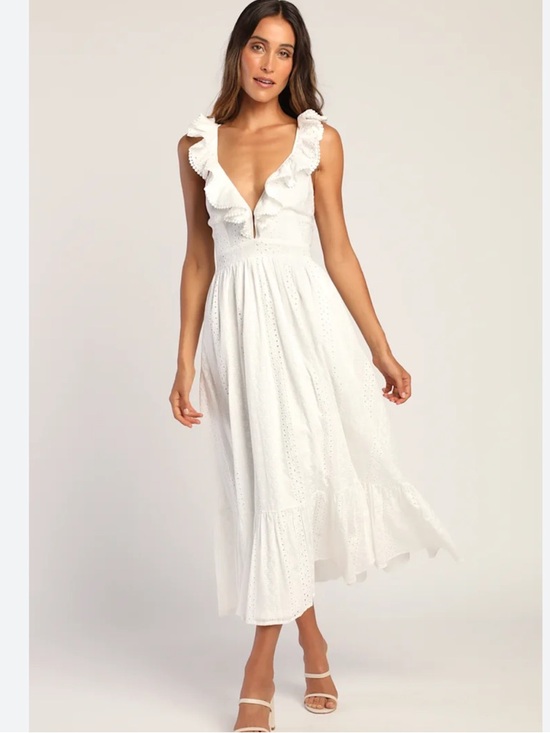 Lulus Dresses & Skirts - Lulus Sicilian Sun White Eyelet Embroidered Ruffled Lace-Up Midi Dress NWT Sz M